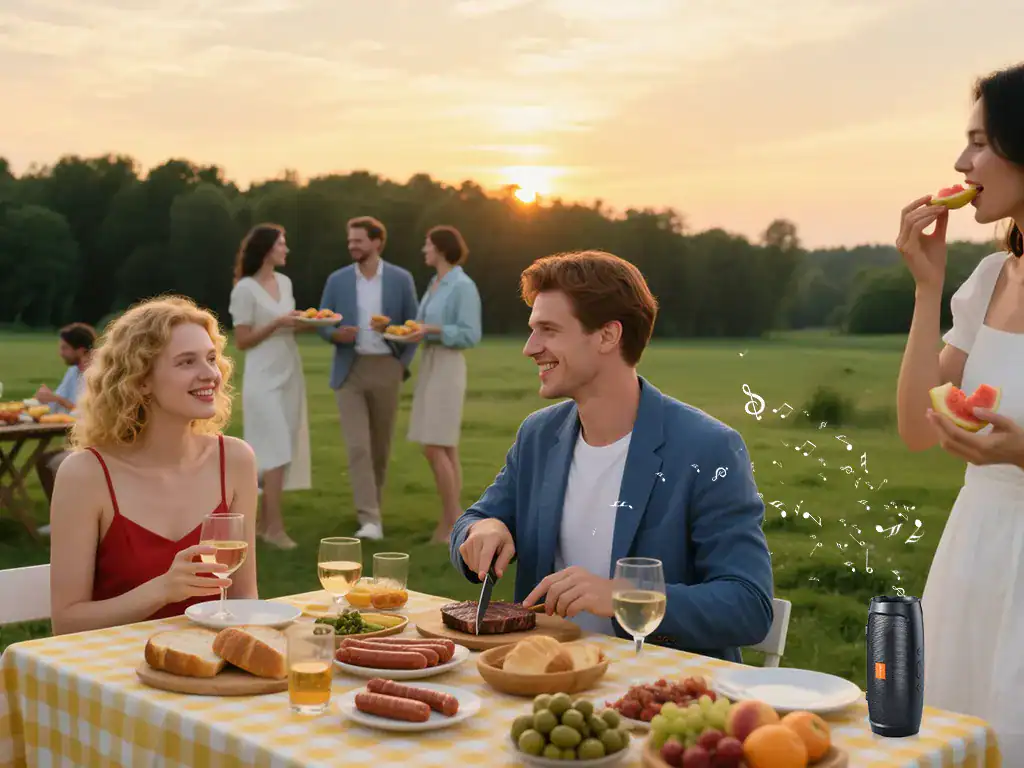 Sabores de churrasco ao ar livre com amigos, entretenimento com caixas de som portáteis, comida deliciosa e um pôr do sol deslumbrante, criando momentos inesquecíveis de confraternização ao ar livre.