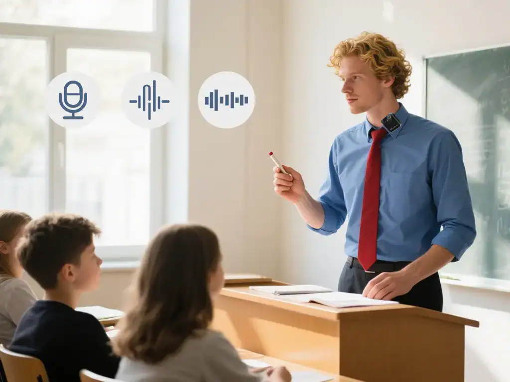 Microfone, áudio e transmissão em sala de aula, professor com microfone de lapela, ensino presencial, tecnologia na educação, comunicação eficiente, aula interativa, ensino de qualidade.