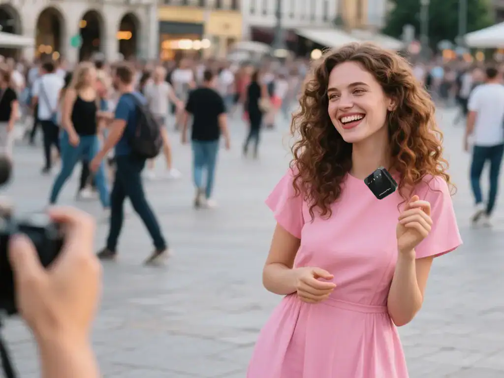 Mulher sorridente usando câmera no centro urbano, promovendo moda feminina confortável para o cotidiano na H'Maston.