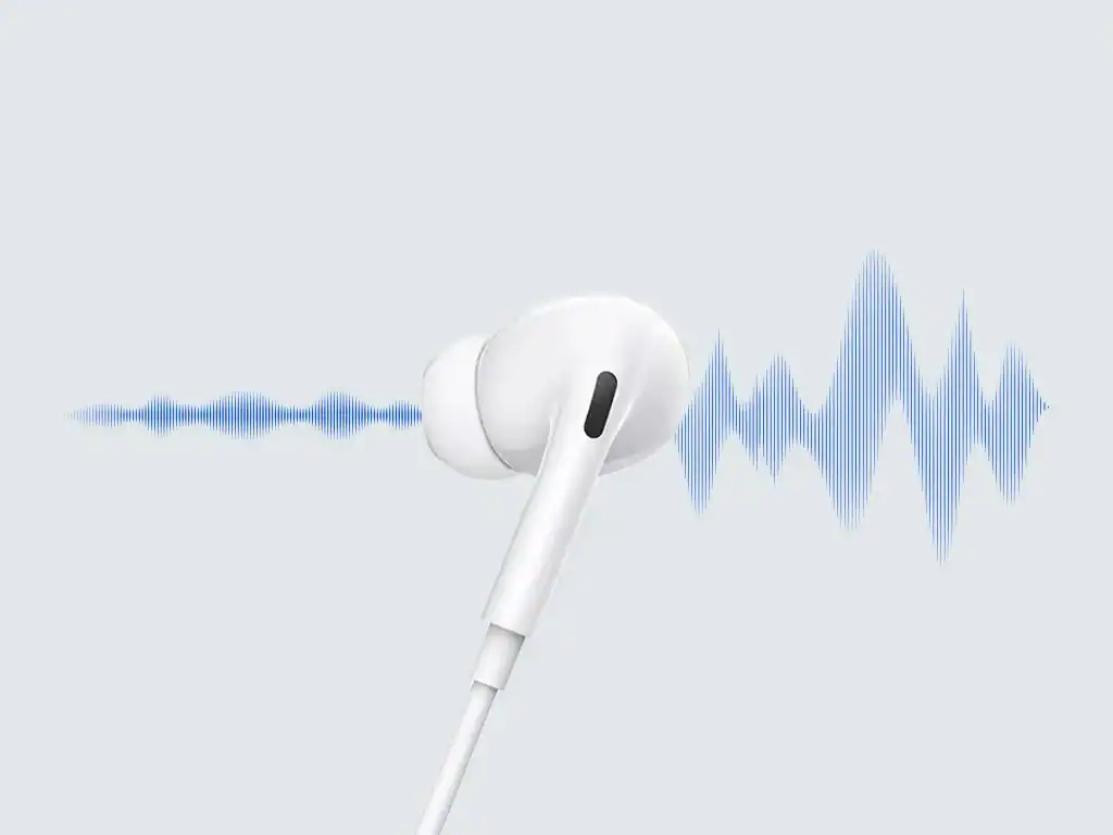 Fone de ouvido branco com som representado por ondas sonoras azuis, tecnologia de áudio, fone de ouvido wireless, acessórios de áudio de alta qualidade.