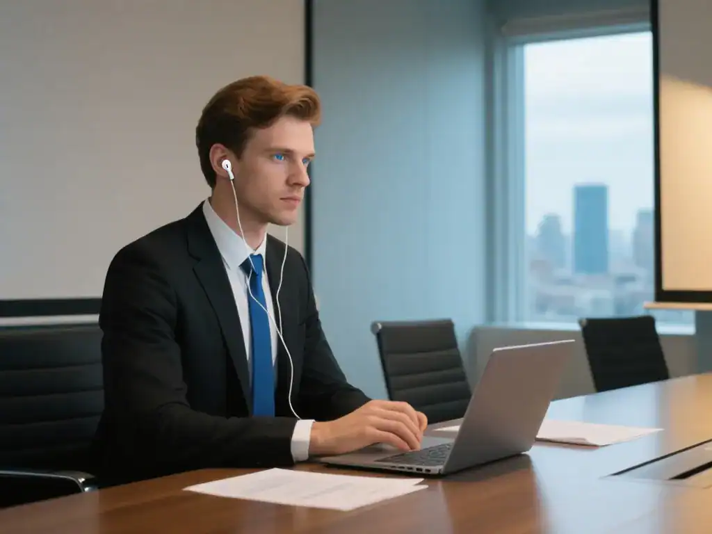 Monitorando reuniões online com profissional em negócios, usando fone de ouvido e laptop em ambiente corporativo moderno, com vista para a cidade.