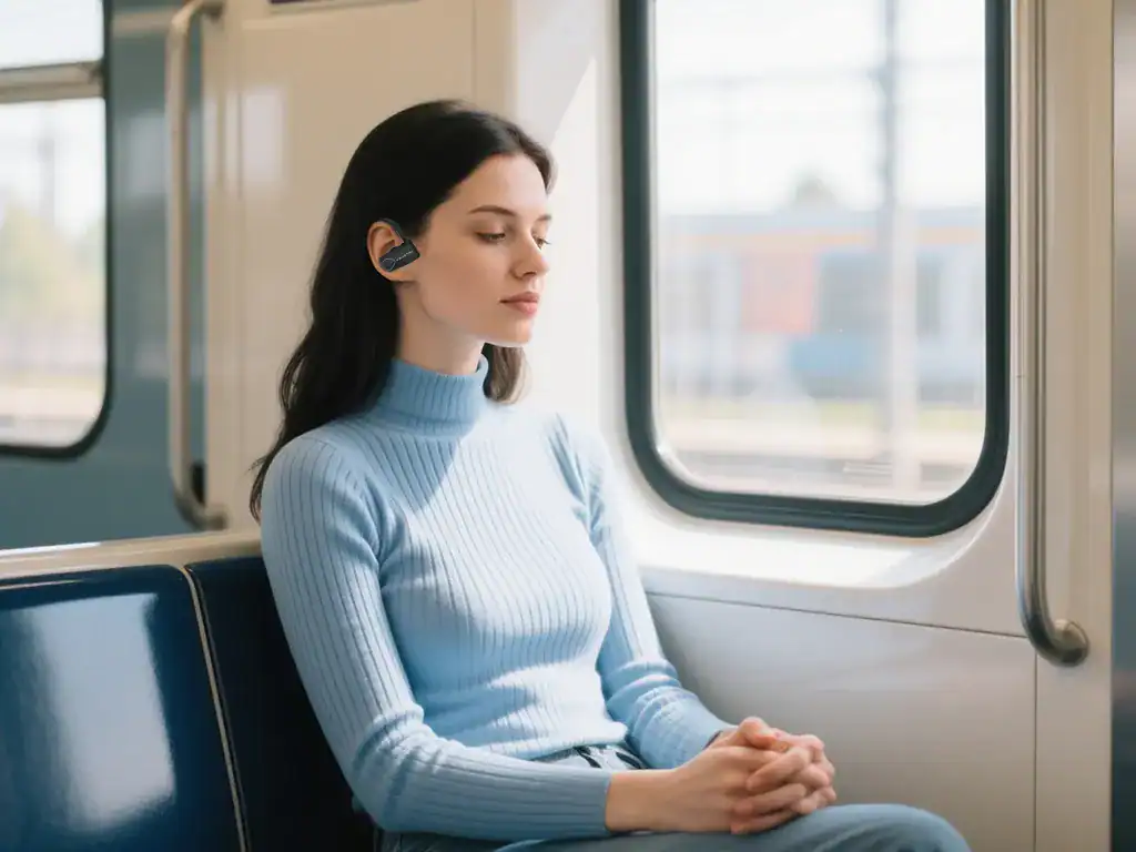 Confortável jovem mulher usando fones de ouvido no transporte público, apreciando música ou áudio durante o trajeto, vestindo suéter azul claro, representando praticidade e bem-estar em deslocamentos diários.