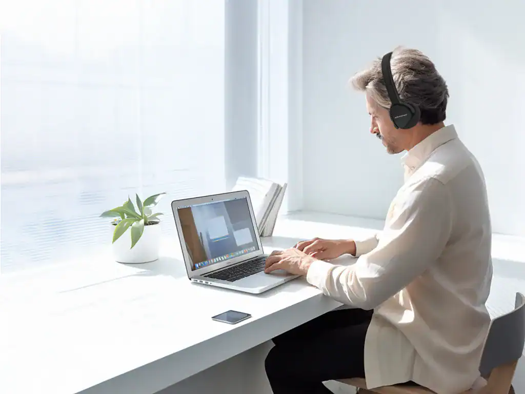 Homem usando fones de ouvido e laptop em escritório moderno, trabalhando, com iluminação natural, ambiente profissional e confortável, foco em tecnologia, home office e produtividade.