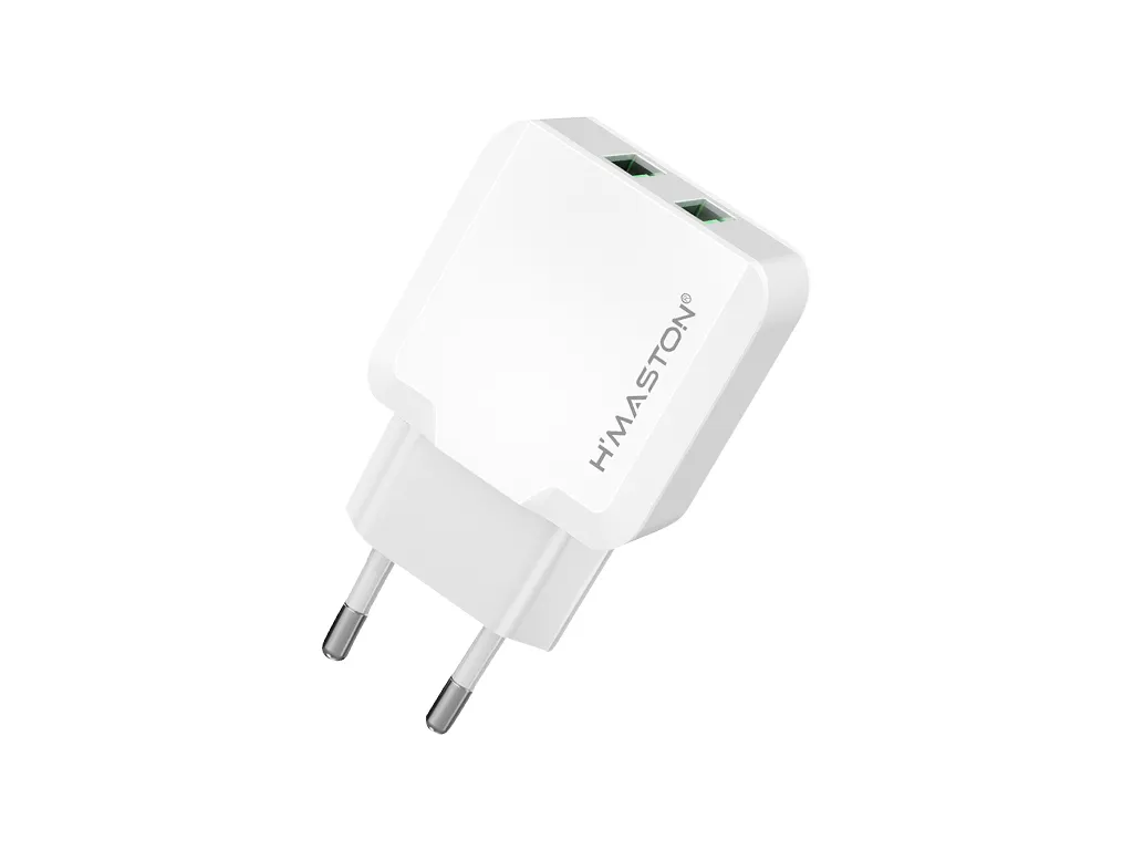 Carregador USB H'MASTON com duas portas de alta velocidade para dispositivos móveis, design compacto e placa de energia eficiente para recarga rápida.