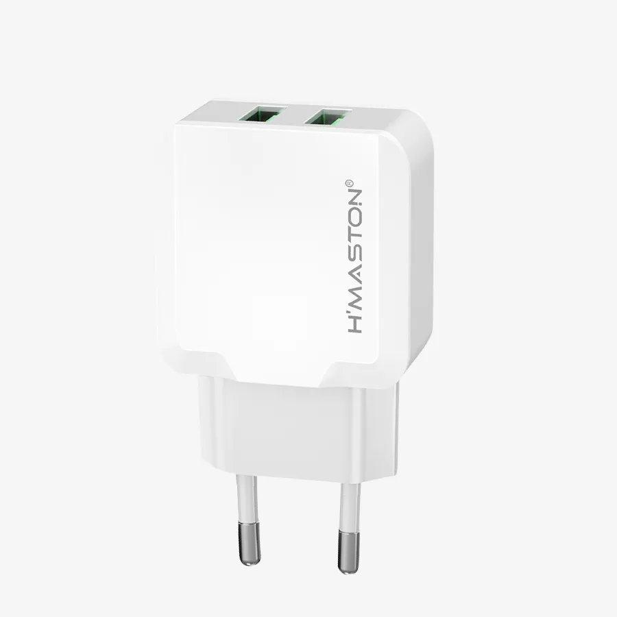 Carregador de celular bivolt com duas portas USB, ideal para carregamento rápido e seguro em casa ou no escritório. Design compacto, compatível com diversos dispositivos móveis.