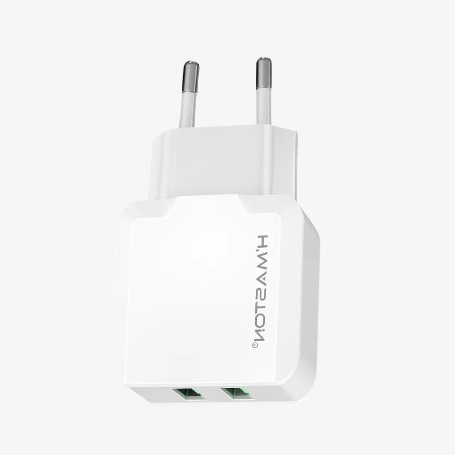 Carregador de tomada inteligente H’MASTON, compatível com dispositivos eletrônicos, com design moderno em branco. Ideal para cargar smartphones, tablets e outros gadgets de forma rápida e segura.