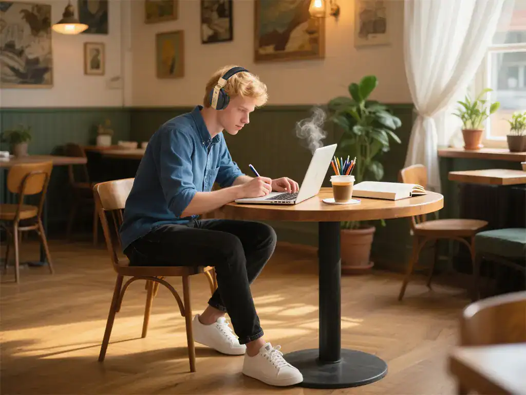 H'maston jovem estudando com computador em cafeteria com plantas e obras de arte na parede.