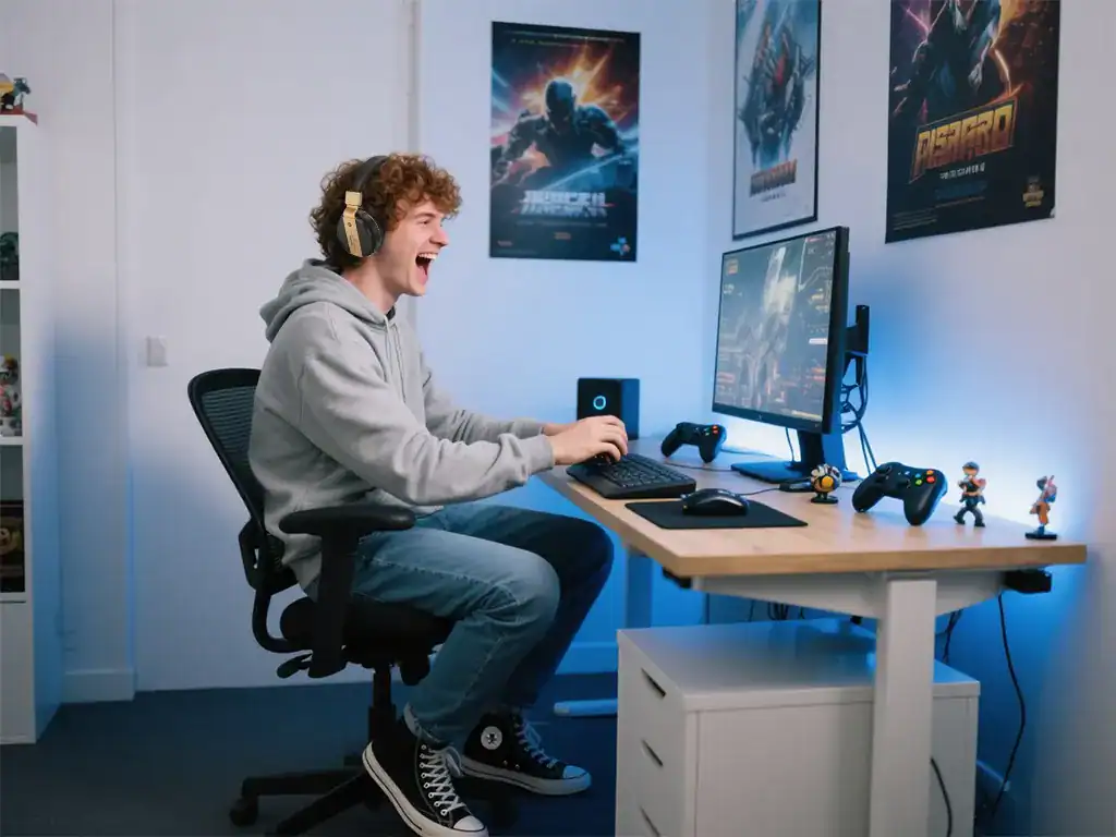 Jogador feliz e empolgado jogando videogame em quarto decorado com posters de jogos e clássicos da cultura pop, uso de headset gamer, ambiente ideal para streaming e gameplay, ambiente de gamers, H'MASTON.