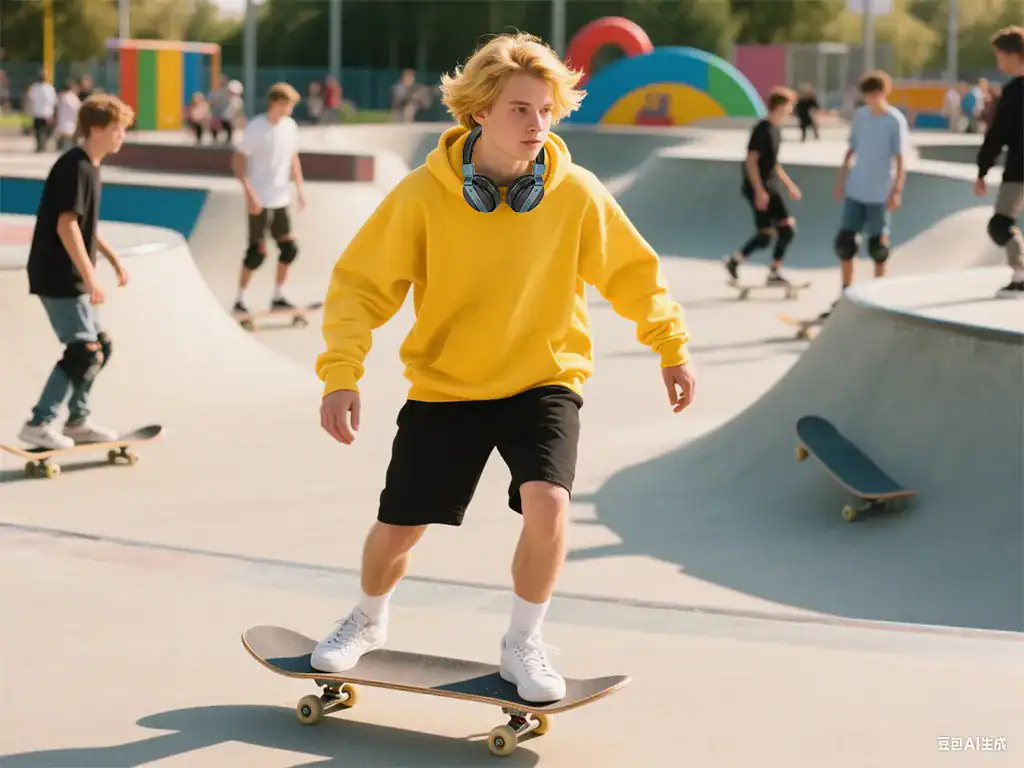 Skateboardista adolescente com moletom amarelo e fones de ouvido na pista de skate ao ar livre, com várias crianças skatistas ao fundo, cenário de entretenimento juvenil e esportes radicais.