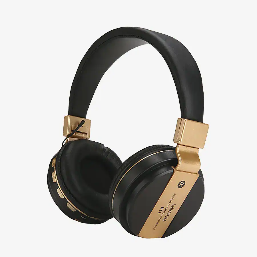 Fone de ouvido sem fio com design elegante em preto e dourado, ideal para música, chamadas e diversão com alta qualidade de áudio. Perfeito para uso diário e atividades físicas.
