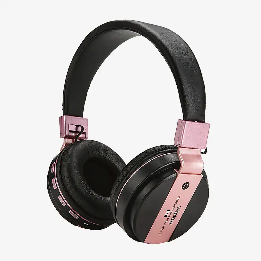 Fones de ouvido sem fio rosa e preto com arcos acolchoados e controle de volume ajustável, perfeitos para aproveitar músicas e chamadas com conforto e qualidade de som.