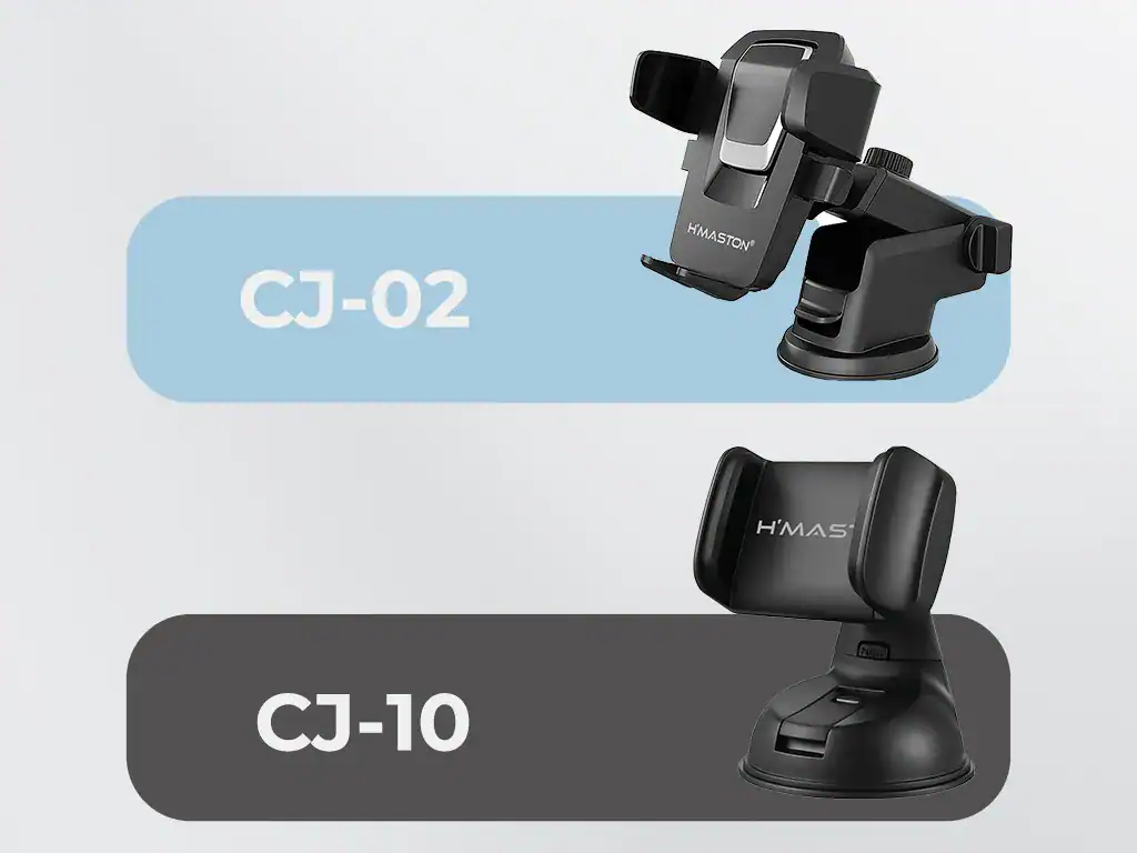Suporte veicular para smartphone H'MASTON CJ-02 com braço ajustável e fixação forte para uso seguro.