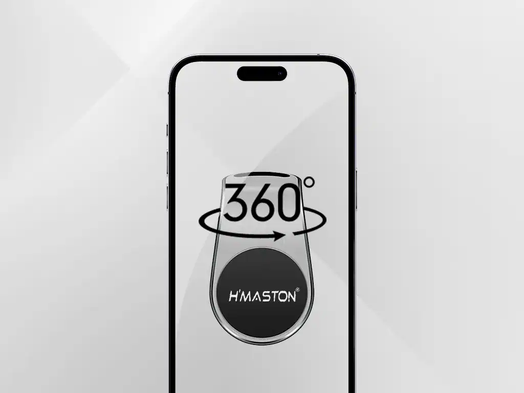 360 graus de visualização do logo H'MASTON em dispositivo móvel com fundo cinza claro.