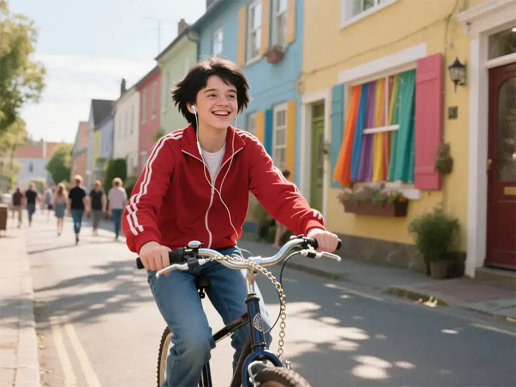 Criança feliz pedalando de bicicleta na rua charmosa de uma cidade colorida em um dia ensolarado.