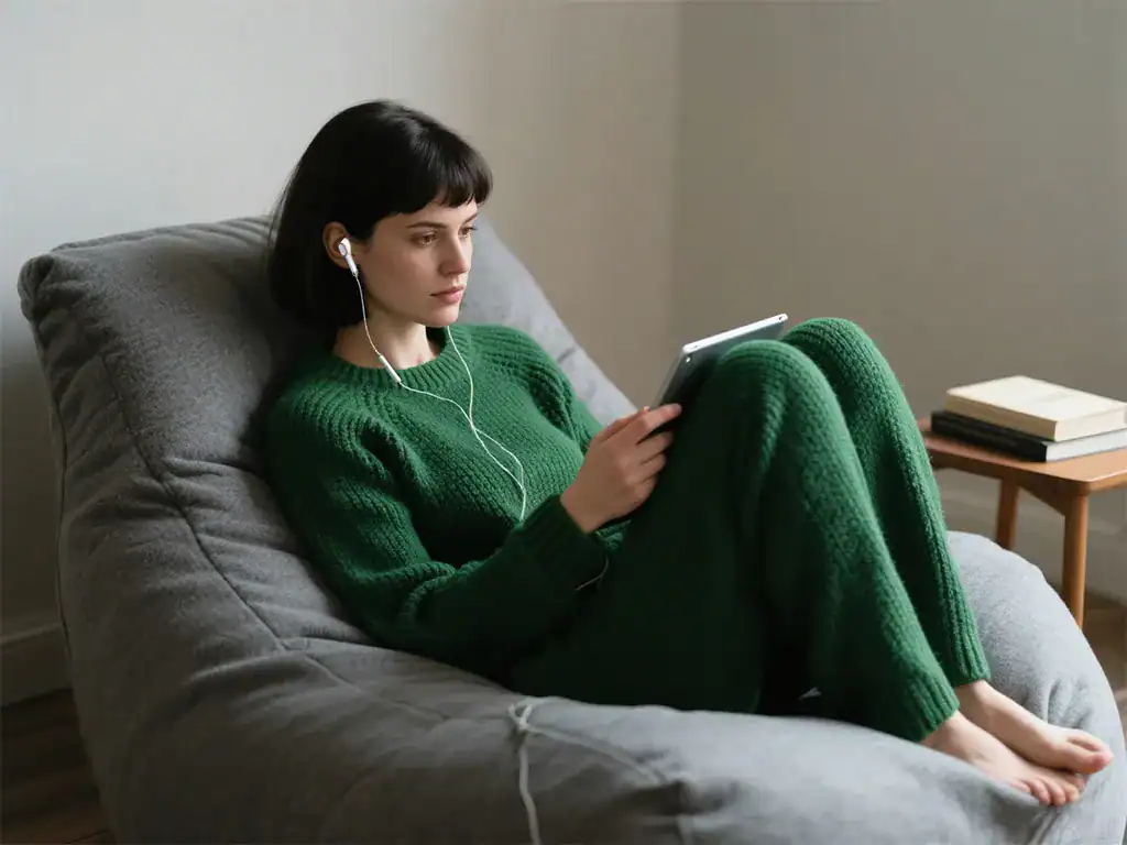 Confortável mulher de cabelo curto usando suéter verde, assistindo conteúdo no tablet com fones de ouvido, sentada em sofá acolhedor em ambiente doméstico.
