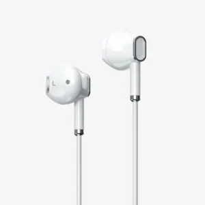 Ficheiro: Fones de ouvido brancos com tecnologia moderna e design minimalista para smartphones e dispositivos móveis.