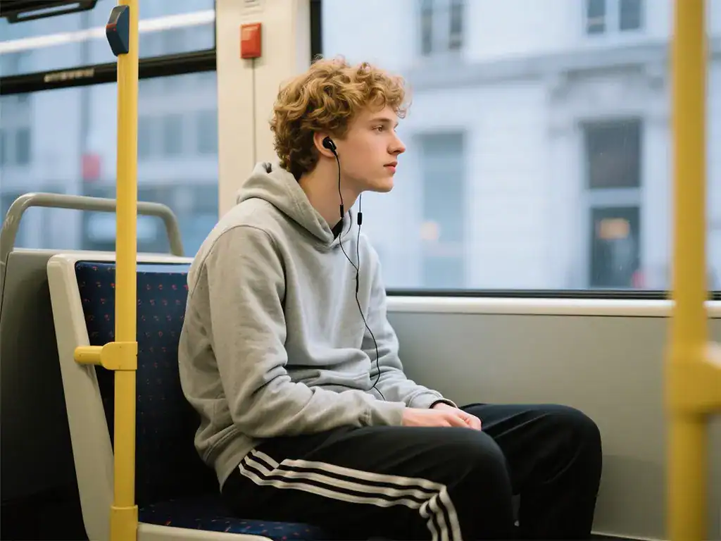 Fone de ônibus jovem com fone de ouvido, trajando moletom cinza e calça Adidas preta, sentado sozinho em transporte público na cidade, estilo casual, ambiente urbano, conforto e tecnologia.