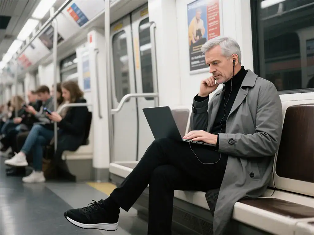 Estação de metrô com passageiros usando laptops e celulares, profissional jovem com cabelo grisalho, blusa preta e casaco cinza, sentado confortável, ambiente urbano, movimento e tecnologia em transporte público.