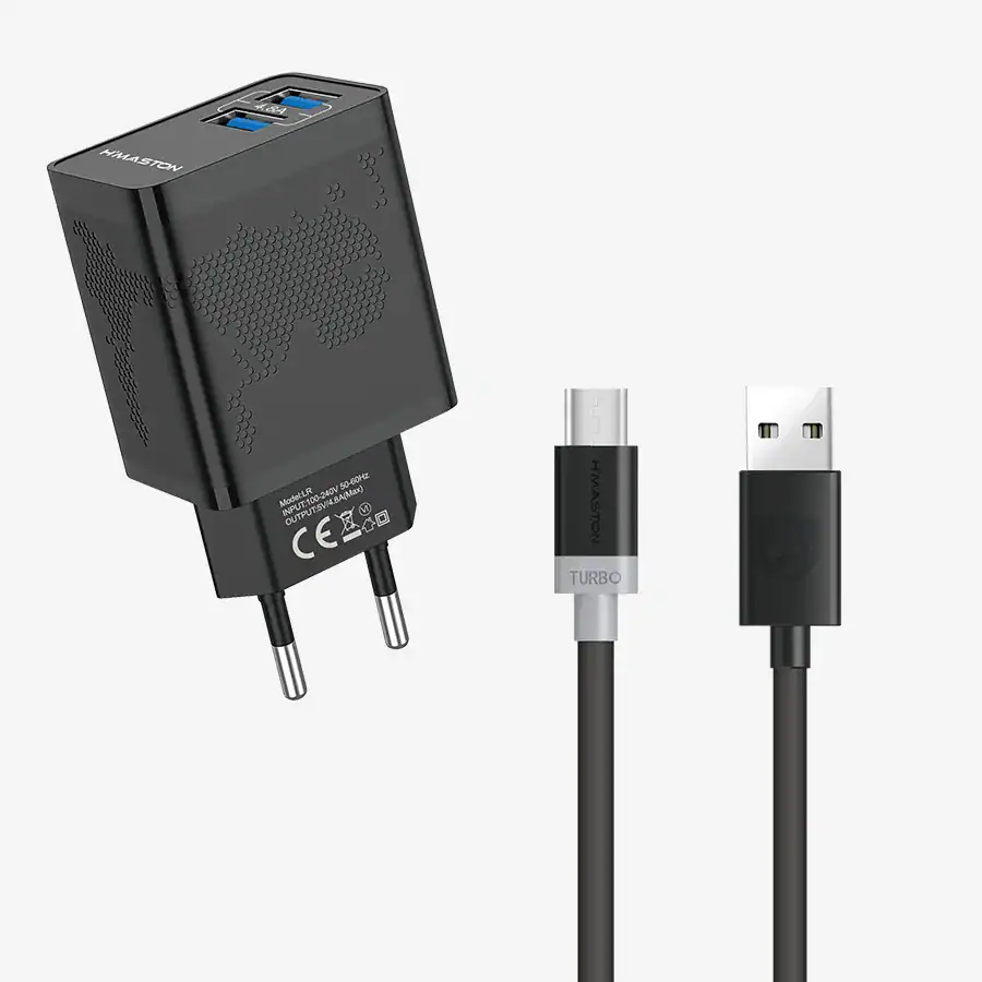Carregador de celular H'MASTON com cabo USB-C, conexão rápida e compatível com diversos dispositivos móveis, ideal para uso doméstico ou no escritório.