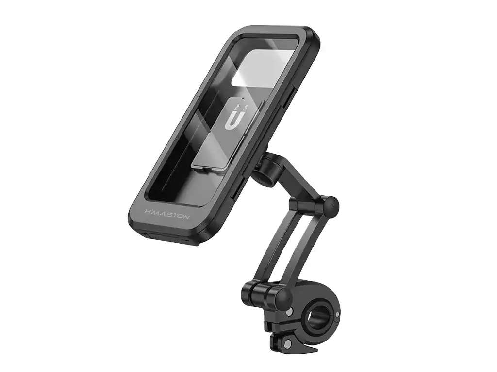 Suporte de celular para guidão com garra ajustável e base com encaixe seguro, ideal para ciclismo, motociclismo e uso em veículos, compatível com smartphones de vários tamanhos.