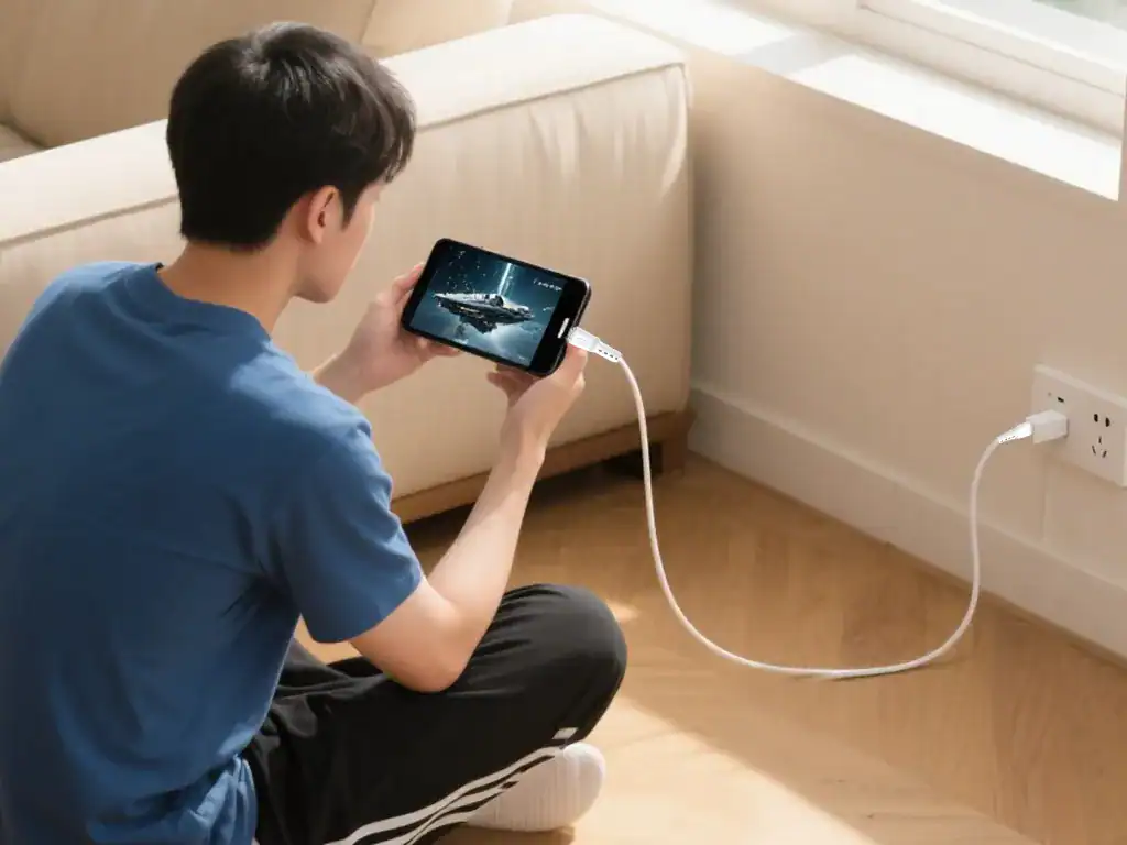 Carregador de celular conectado na tomada, jovem assistindo filme no smartphone, ambiente doméstico confortável, tecnologia moderna para uso diário.