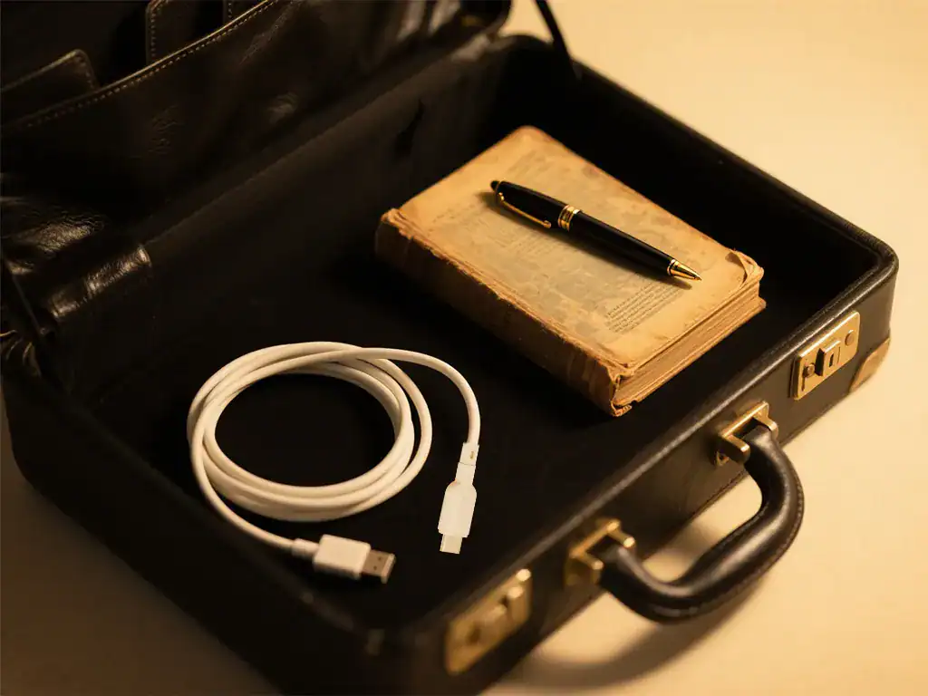 Coleção de itens de escritório com caderno antigo, caneta, cabo USB e pasta executiva. Perfeito para profissionais que valorizam organização, tecnologia e materiais clássicos no ambiente de trabalho.