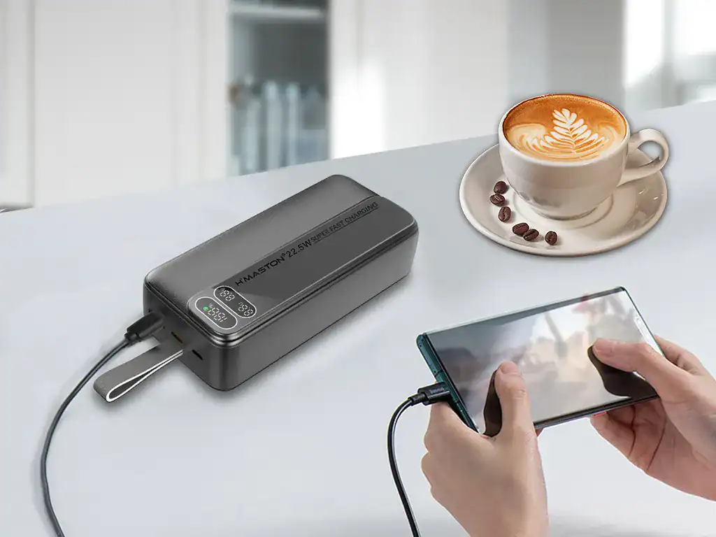 Carregador portátil H'MASTON, carregamento rápido para smartphones, design compacto, ideal para viagens e uso diário.