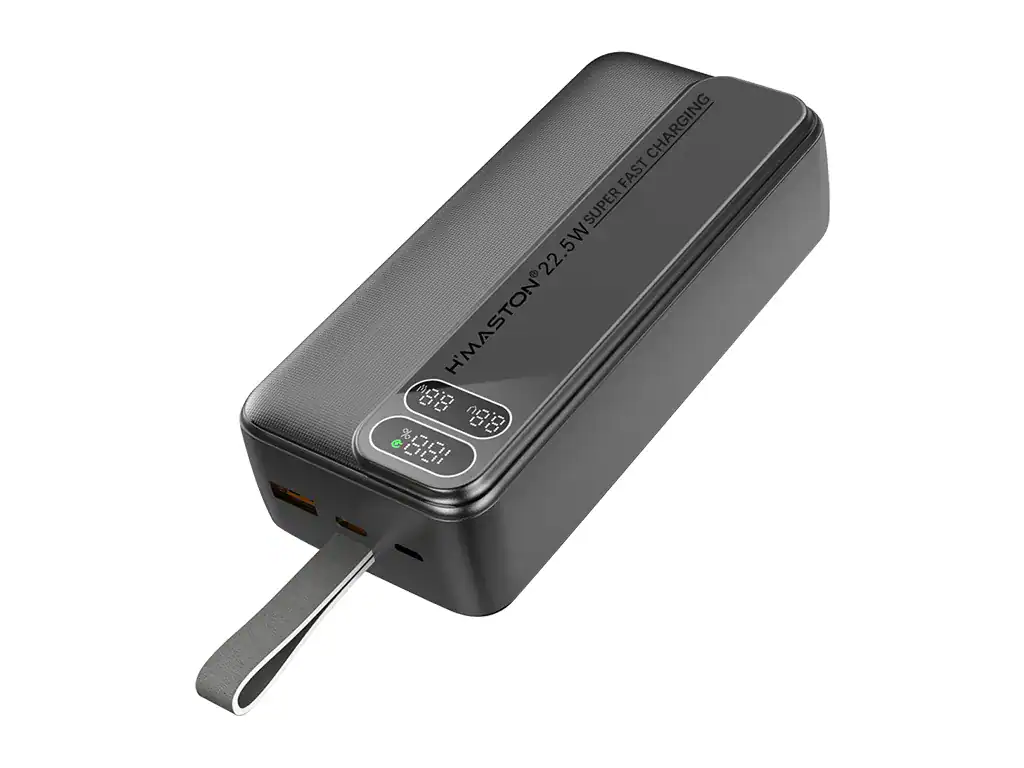 Carregador portátil USB de alta capacidade com display digital e carregamento rápido, ideal para dispositivos móveis em viagens e emergências.