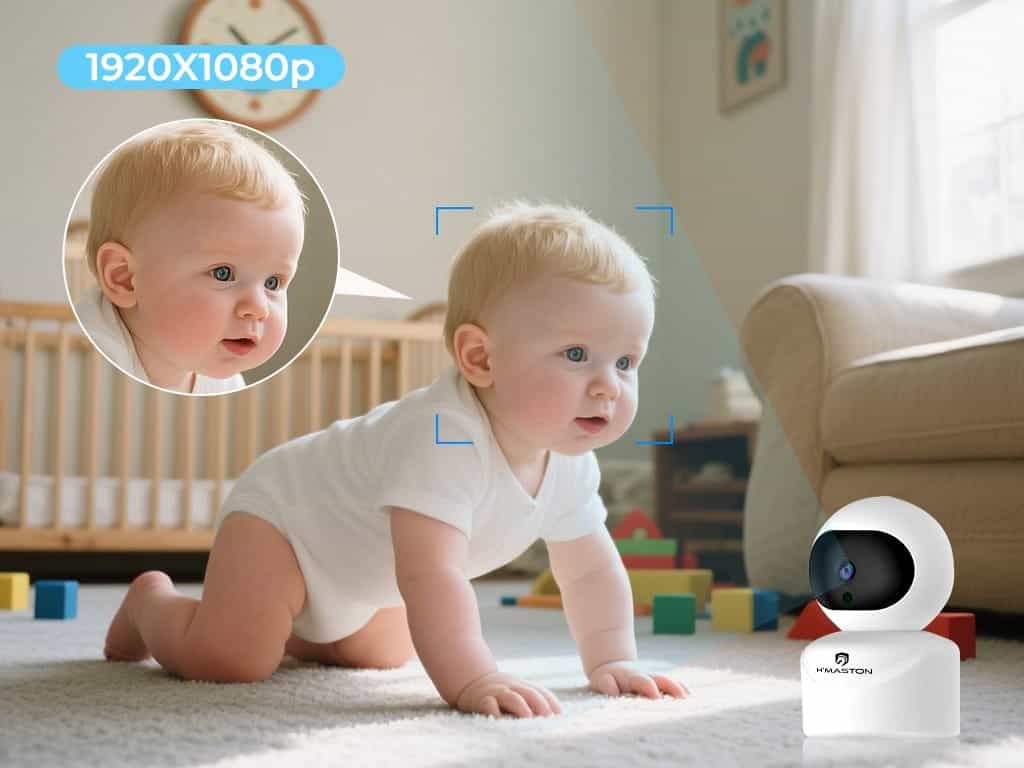 Baby monitor H'MASTON, câmera de segurança infantil, tecnologia Wi-Fi, monitoramento remoto, segurança para bebês, câmera de vigia com visão noturna, conexão inteligente, produto para segurança residencial, câmera portátil para casa, vigilância para crianças.