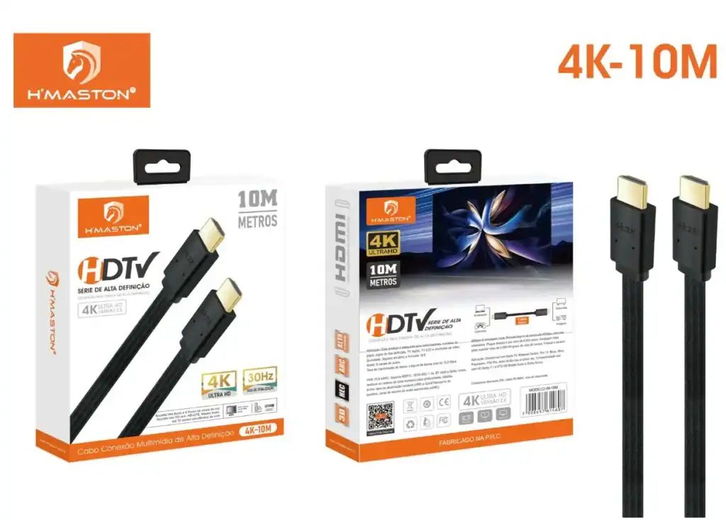 Cabo HDMI 4K 10M H'MASTON de alta definição para transmissão de áudio e vídeo em alta qualidade, compatível com TVs, monitores e projetores, garantindo imagem nítida e som surround; perfeito para entretenimento e jogos.