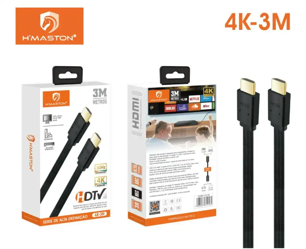 Cabo HDMI 4K-3M de alta definição, compatível com TV, monitor, jogos e dispositivos de alta resolução, ideal para streaming e transmissão de alta qualidade.