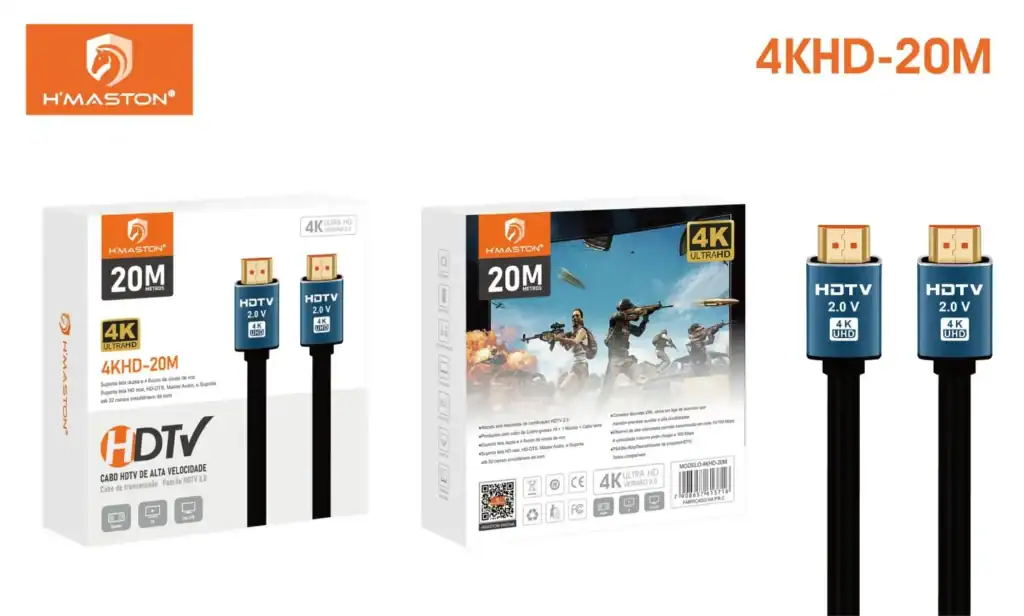 Cabo HDMI 4K UHD de alta velocidade, compatível com televisores, monitores e dispositivos 4K Ultra HD, com 20 metros de extensão e suporte a Dolby Vision.