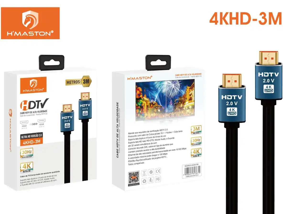HDMI 4K UHD H'Maston, cabo de alta velocidade 3 metros para TV, monitor e projetor de alta definição. Compatível com dispositivos 4K, HDR, HDR Dolby, suporte HD Blu-ray e consoles de jogos.