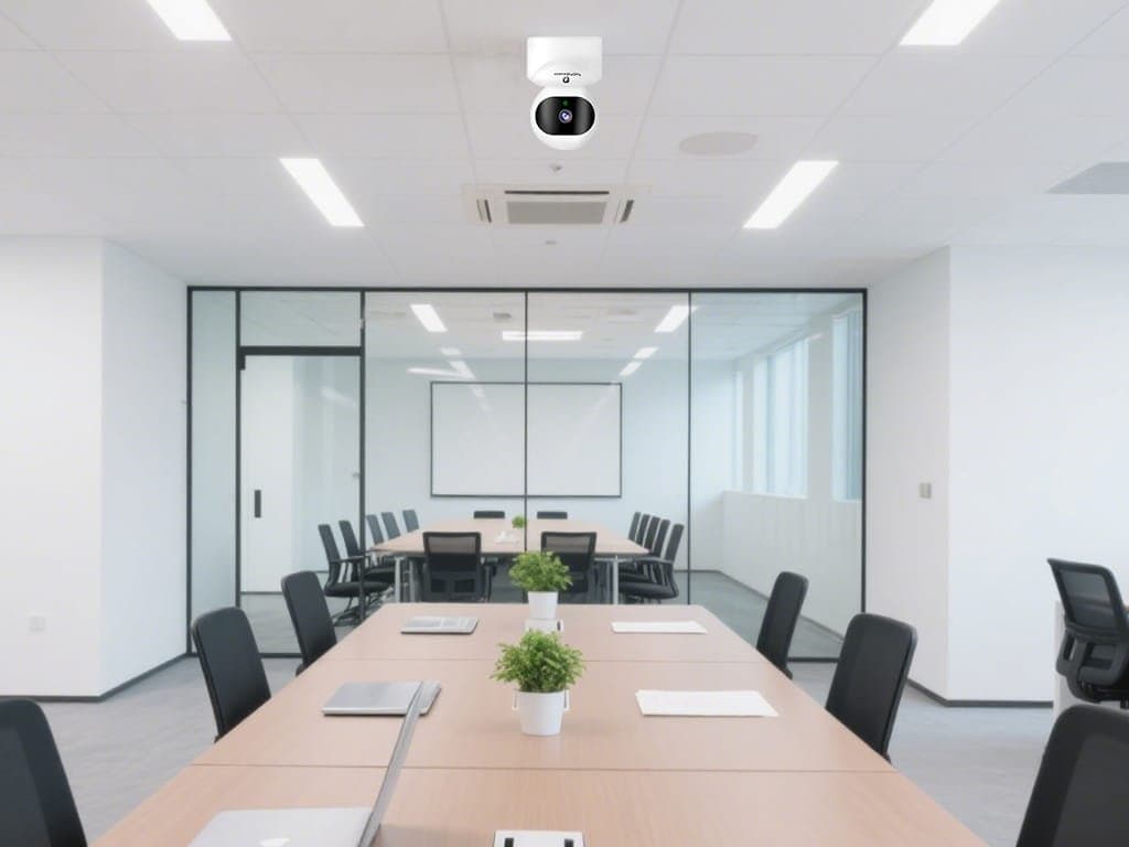 Porta de vidro de escritório com mesa de reunião moderna e cadeiras confortáveis, ambiente corporativo clean, iluminação eficiente e simplicidade em design empresarial.