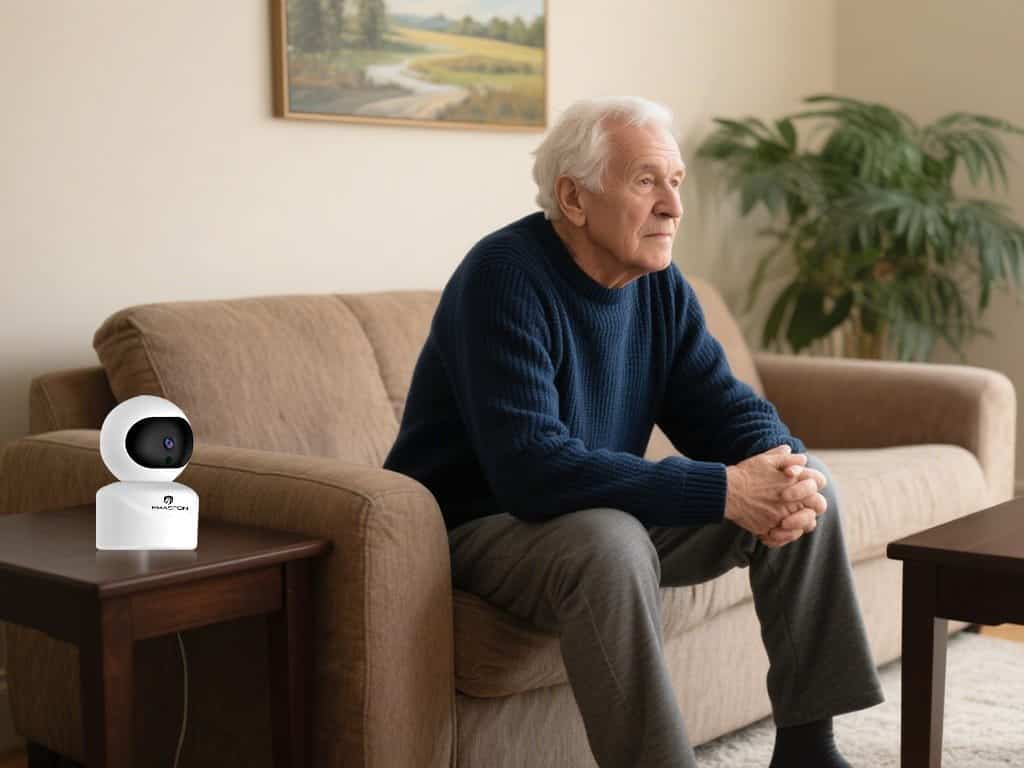 Câmera de segurança inteligente H'MASTON instalada em ambiente doméstico, monitorando idosos com tecnologia de vídeo e conectividade Wi-Fi.