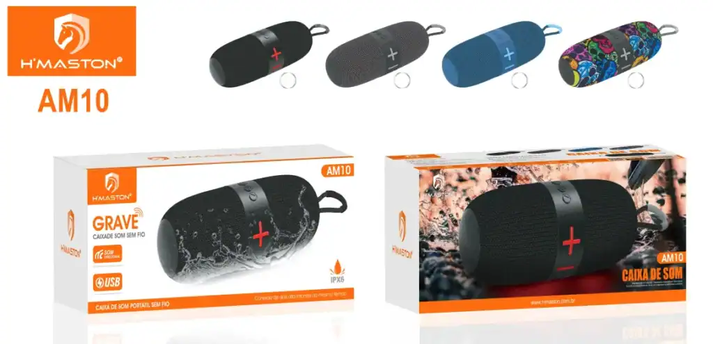 Caixa de som portátil H'Maston AM10 à prova d'água, som estéreo sem fio, com Bluetooth e bateria de longa duração para uso outdoor.
