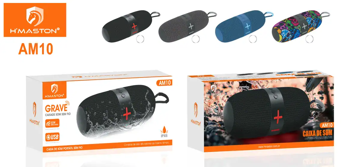 Caixa de som portátil H'Maston AM10 à prova d'água, som estéreo sem fio, com Bluetooth e bateria de longa duração para uso outdoor.