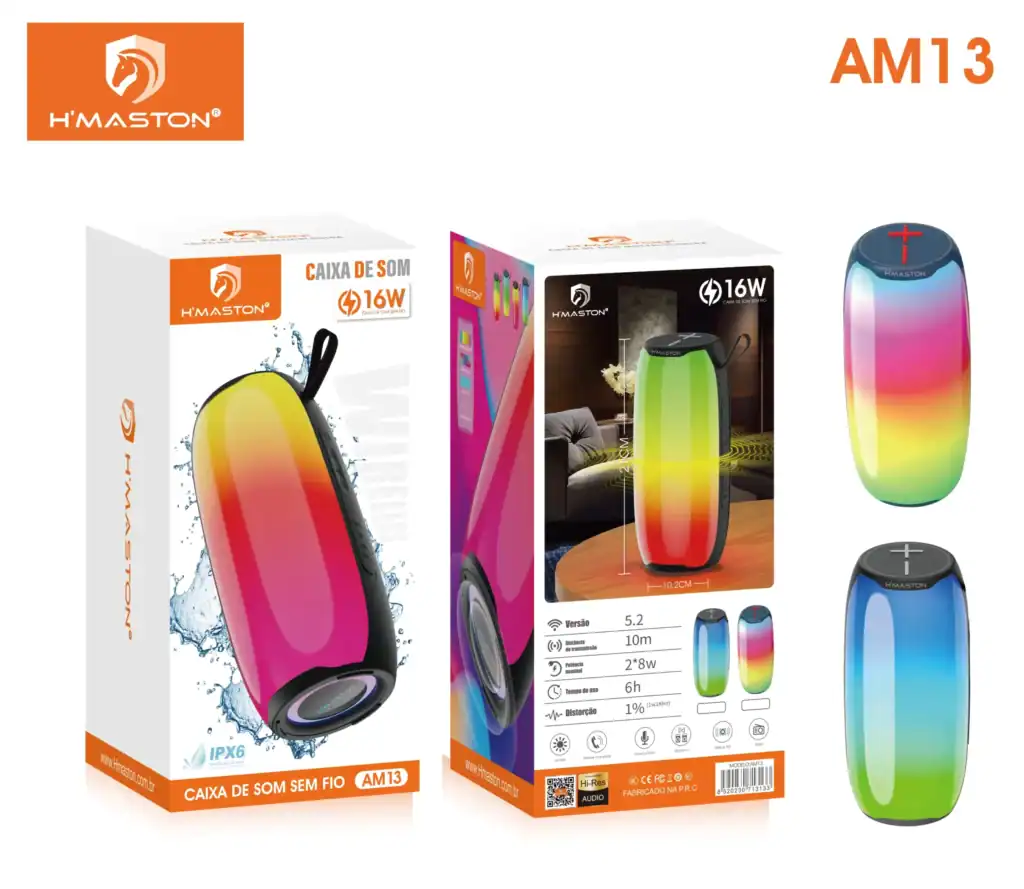 Som sem fios H'Maston com design moderno, cores vibrantes e resistência IPX6, perfeito para uso portátil em diferentes ambientes. Ideal para quem busca praticidade, qualidade de áudio e funcionalidade avançada.