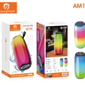 Som sem fios H'Maston com design moderno, cores vibrantes e resistência IPX6, perfeito para uso portátil em diferentes ambientes. Ideal para quem busca praticidade, qualidade de áudio e funcionalidade avançada.