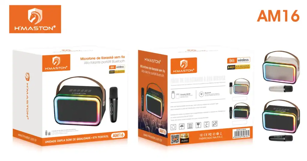 Alto text: Caixa de caixa de som portátil H'Maston com luzes LED coloridas e microfone sem fio, ideal para festas e eventos com conexão Bluetooth de alta qualidade.