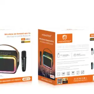 Alto text: Caixa de caixa de som portátil H'Maston com luzes LED coloridas e microfone sem fio, ideal para festas e eventos com conexão Bluetooth de alta qualidade.