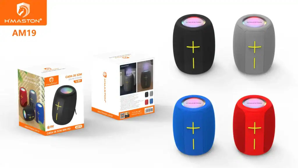 Som portátil sem fio H'MASTON AM19 com design colorido e alta qualidade de som para entretenimento, com opções de cores vibrantes.