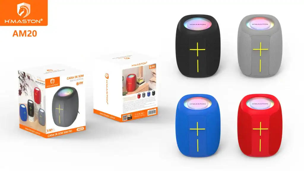 Som portátil sem fio H'Maston AM20 com cores variadas, alto-falantes compactos com luz LED, ideal para áudio ao vivo, festas e uso móvel, com design moderno e bateria duradoura.