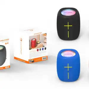 Som portátil sem fio H'Maston AM20 com cores variadas, alto-falantes compactos com luz LED, ideal para áudio ao vivo, festas e uso móvel, com design moderno e bateria duradoura.
