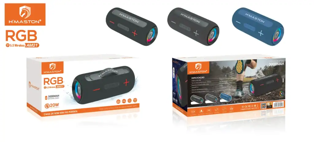 Som portátil H'Maston com tecnologia RGB, Bluetooth e bateria de alta capacidade de 3000mAh, ideal para som de alta qualidade em festas, eventos e uso diário. Focus em som sem fio e iluminação RGB vibrante.