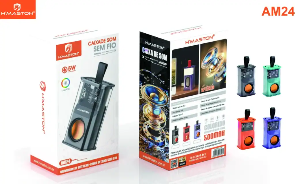 Caixa de som sem fio H'Maston com design colorido, portátil e com luz RGB, ideal para música, festas e eventos ao ar livre.