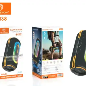 Caixa de som portátil H'Maston AM38 com luzes LED coloridas, resistência IPX6 e bateria de 3000mAh, ideal para atividades ao ar livre e festas.