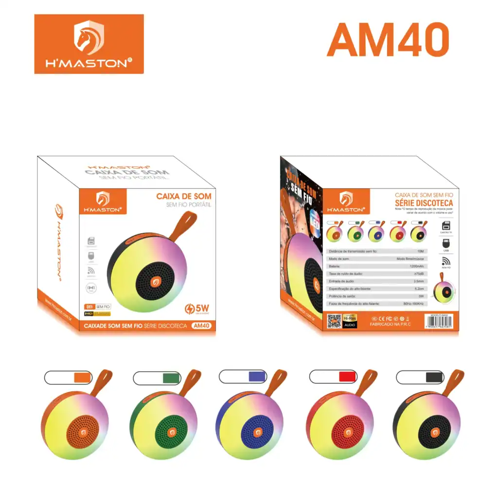 Caixa de som sem fio portátil H'Maston série discoteca com LED colorido e bateria de longa duração, ideal para festas e eventos ao ar livre. Design moderno e alta qualidade de som.