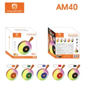 Caixa de som sem fio portátil H'Maston série discoteca com LED colorido e bateria de longa duração, ideal para festas e eventos ao ar livre. Design moderno e alta qualidade de som.