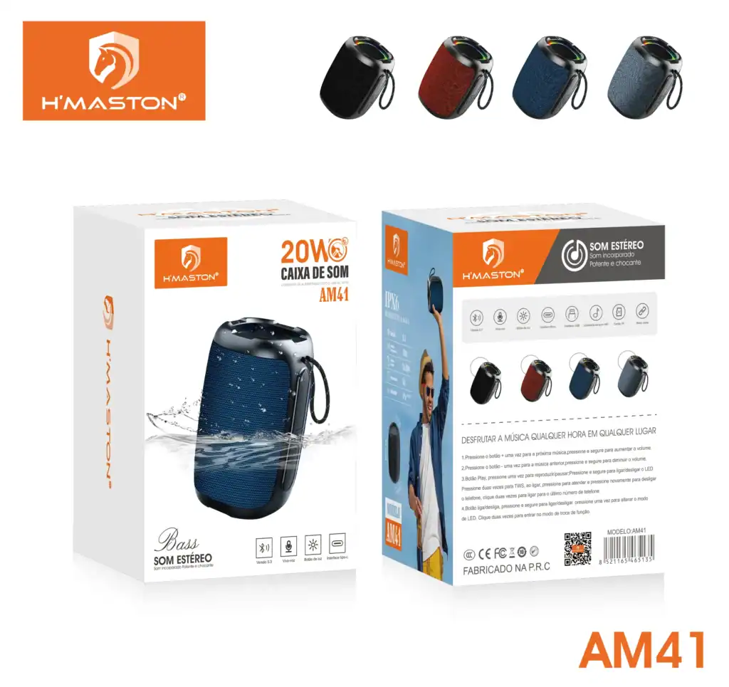 Alto falante portátil H'Maston AM41 com Bluetooth, design compacto e resistente à água, perfeito para música em movimento, ideal para uso ao ar livre e esportes.